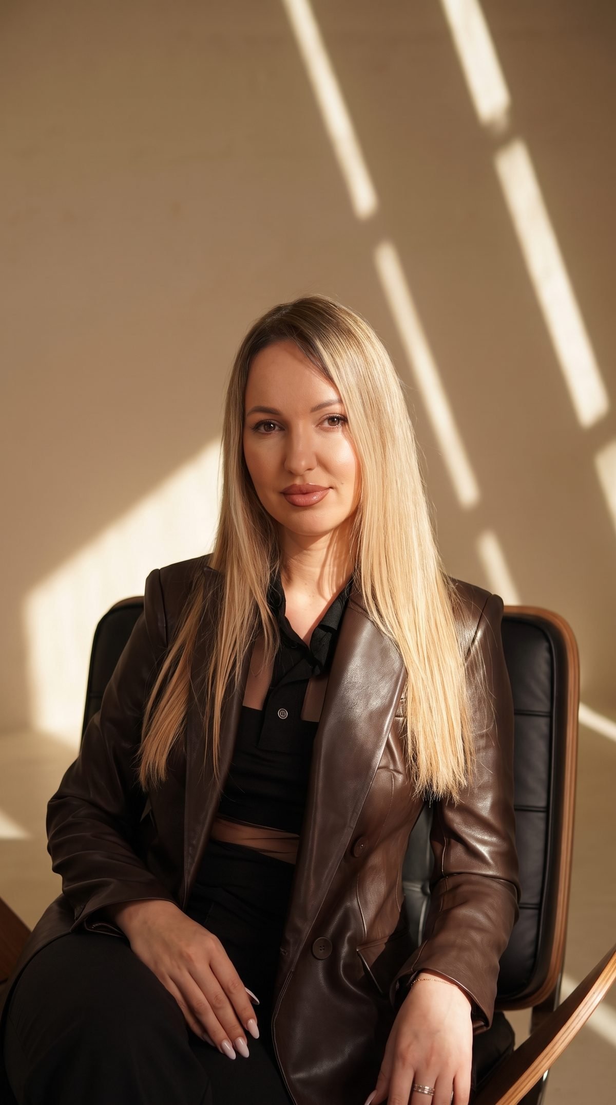 Ekaterina Butseva, Kate, seated in her supplied brown suit portrait